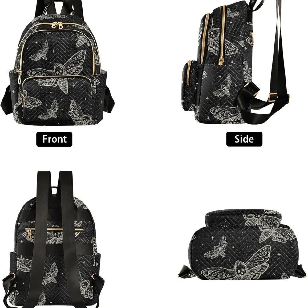 Mini Gothic Backpack with Skull Butterfly Moth Design Small Casual Daypack